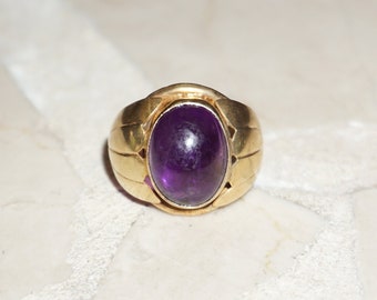 Antique Estate C1930 Egyptian Motif 925 Gold over Sterling Silver 10ct Amethyst Solitaire Lotus Ring Sz 6.5