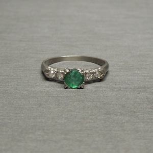 Antique Estate C1940 Platinum 0.72TCW Round Emerald Solitaire & Diamond Engagement Ring / Platinum Emerald Ring  Sz 6