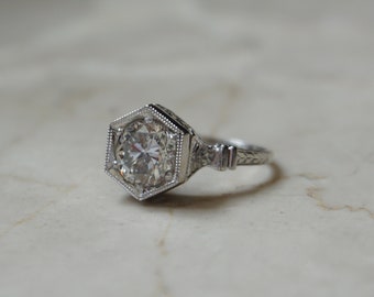 Art Deco Estate C1920 Palladium + 18K White Gold 1.88 carat Brilliant Diamond Solitaire Hexagon Engagement Ring  Sz 6.75