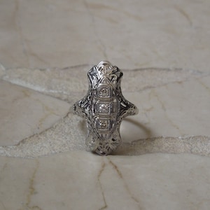 Antique Estate C1910 18K-14K White Gold Filigree 0.12TCW Three Diamond Dinner Ring / Antique Shield Ring  Sz 5
