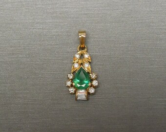 Vintage Mid Century Estate C1960 10K Gold 2.10TCW Pear cut Emerald Solitaire & Diamond Handmade Floral Drop Pendant  1 1/8" x 1/2"