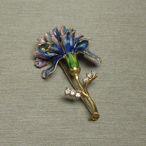 Vintage Estate C1950 18K Gold 0.20TCW Brilliant Diamond Enameled Floral Flower Pin / Brooch