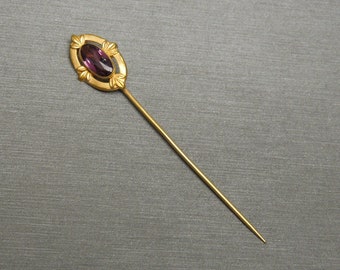 Victorian Estate Circa 1890 10K Gold Bezel Synthetic 'Amethyst' Stick Pin / Antique Stick Pin / Victorian Stick Pin  2.5"