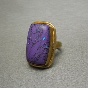 Vintage Estate 1980s Sterling Gold Vermeil Purple Azurite Rectangular Bezel Statement Ring / Purple Azurite Ring  Sz 7