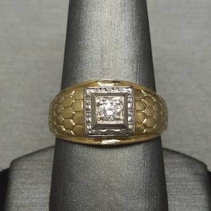 Men&#39;s Antique Estate C1940 10K Two Tone Gold 0.30ct Brilliant Diamond Alligator Skin Ring / Men&#39;s Solitaire Ring  Sz 10.5