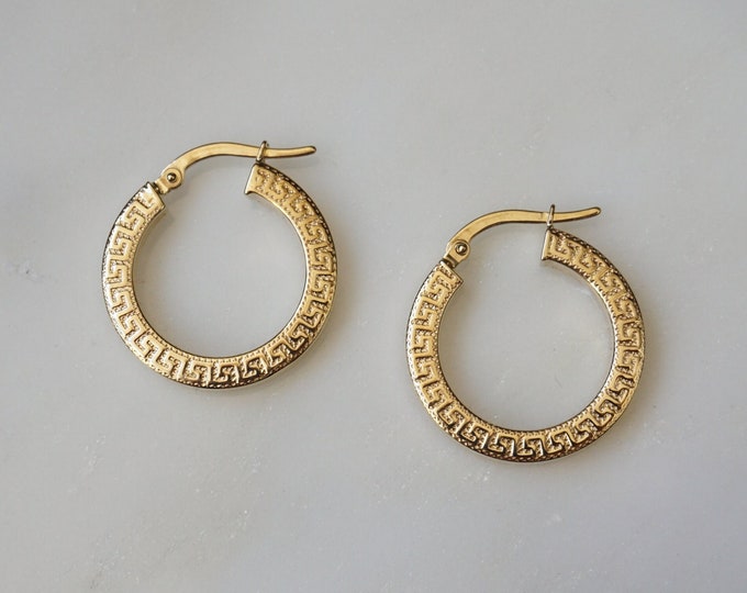 BestGoldShop 14K Yellow Gold Real Greek Key Hoop Earrings - 18mm - Made In Italy