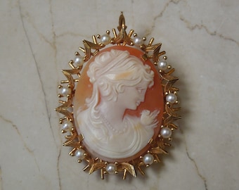 Italian Cameo Pendant / Mid Century Estate C1960 18K Gold Italian Revival Cameo with Pearls Pin Pendant  2" x 1.5"