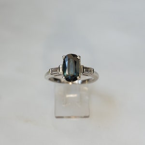 Mid Century Estate C1960 Platinum 2.42TCW Color Changing Blue-Green Sapphire Solitaire & Diamond Baguette Classic Engagement Ring Sz 5.5 image 1