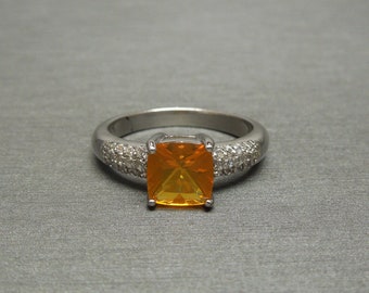 Vintage Estate Sterling Silver Square Jelly Opal Solitaire & Crystal Ring / Vintage Jelly Opal Ring / Silver Jelly Opal Ring  Sz 7