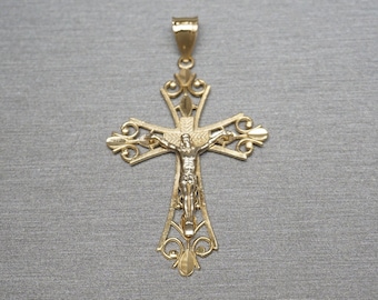 Unisex Vintage Estate C1970 14K Gold Filigree Crucifix Large Statement Cross Pendant / Men's Gold Crucifix   2"
