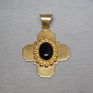 Vintage Onyx Cross / Unisex Vintage Estate C1970 Gold Vermeil Sterling Silver Large Onyx Cross Statement Pendant / Gold Onyx Cross  2.25&quot;