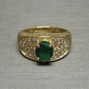 Vintage Estate Art Deco 14K Gold 1.85TCW Oval Emerald Solitaire & Pave Diamond Band / Ring Sz 6