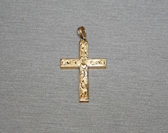 Antique Estate C1930 10K Gold Engraved Floral Victorian Design Petite Cross Pendant / Victorian Gold Flower Cross  1.40" x 0.75"