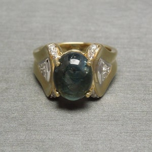 Mid Century Estate C1960 14K Gold 4.60TCW Blue-Green Tourmaline & Diamond Egyptian Art Deco Statement Ring  Sz 6