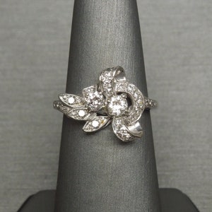 Diamond Bouquet Ring / Antique Estate C1940 14K White Gold 0.82TCW Mine cut Double Diamond Bow Floral Bouquet Cocktail Ring  Sz 7