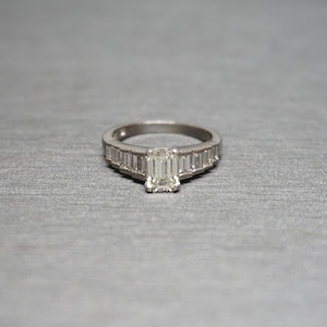 Platinum Emerald cut Diamond / Vintage Estate C1970 Platinum 2.15TCW 1.05 carat Emerald cut Solitaire & Baguette Engagement Ring  Sz 6