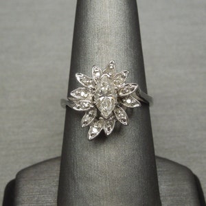 Vintage Estate C1960 14K White Gold 0.95TCW Marquise Diamond Solitaire Mid Century Floral Dinner Ring Sz 8.5