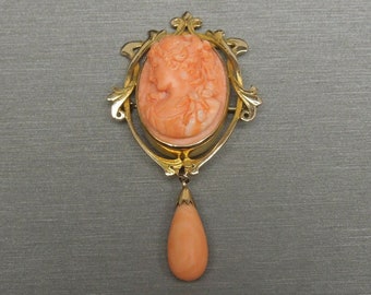 Victorian Estate C1880 14K Gold Angelskin Red Coral Cameo Brooch / Coral Lapel Pin / Victorian Cameo Pin  2.50" x 1.25"