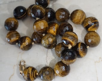 Faceted Tiger Eye Necklace / Vintage Estate 10K-14K Gold Faceted Tiger's Eye Sphere Bead Necklace / Tiger Eye Beads  18.5"