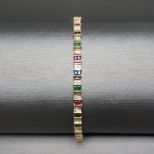 Ruby Emerald Sapphire Bracelet / Vintage Estate 10K Gold 3.60TCW Precious Gemstone & Diamond Square Link Tennis Bracelet  7.25&quot;