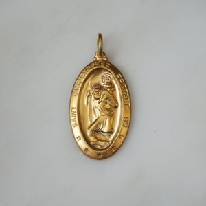 St. Christopher Protect Us Medal / Mid Century Estate C1960 Gold Vermeil Sterling Silver Oval Shaped Saint Christopher Medal Pendant  1.75&quot;