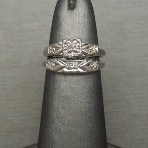 Vintage Estate C1960 14K White Gold 0.17TCW Single cut Diamond Crossed Arrows Design Square Engagement Ring / Wedding Set Sz