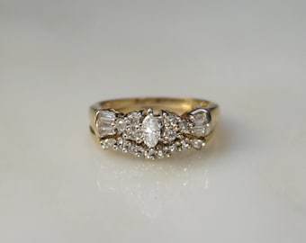Marquise Diamond Wedding Set / Vintage Estate 14K Gold 1TCW Marquise cut Diamond Solitaire Baguette 2PC Engagement Ring Set  Sz 6.25 - 6.5