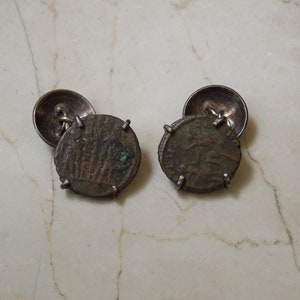 Roman Coin Cuff Links / Vintage Estate 1980s Handmade Sterling Silver & Bronze Roman Coin Cuff Links
