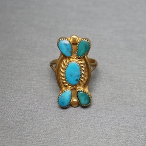 Vintage Turquoise Ring / Mid Century Estate C1960 Gold Vermeil Sterling Silver Five-Stone Turquoise Ring  Sz 6.5