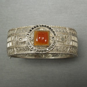 True Art Deco Estate C1910 Sterling Silver  Carnelian & Marcasite Cuff Filigree Bangle Bracelet / Art Deco Cuff Bracelet  2.25&quot; x 1.75&quot;