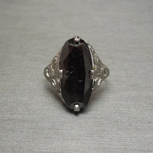 Antique Estate C1910 14K White Gold Filigree Bow 7.06 carat Black Diamond Solitaire / Engagement Ring Sz 6