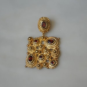Mosaic Garnet Pendant / Vintage Estate Gold Vermeil Sterling Silver Bezel set Garnet Roman Mosaic Style Pendant  1 3/4&quot;