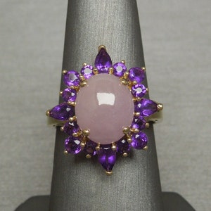 Vintage Estate 14K Gold Lavender Jade Solitaire & 1.10TCW Amethyst Dinner / Statement Ring Sz 8.5