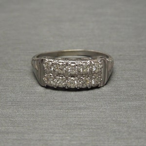 Antique Estate C1940 14K White Gold 0.50TCW Brilliant Diamond Double Row Engraved Wedding Band / Anniversary Ring Sz 9.75