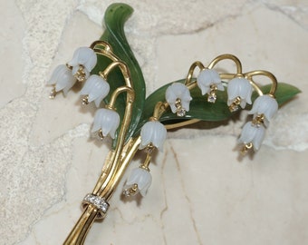 Antique Estate Circa 1920 18K Gold Diamond & Hand Carved Jade Lily Bouquet Pin / Floral Bouquet Brooch / Diamond Lily Pin  4&quot;
