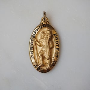 St. Christopher Protect Us Medal / Mid Century Estate C1960 Gold Filled Signed M. DE JEAN Oval Shaped Saint Christopher Medal Pendant  1.5&quot;