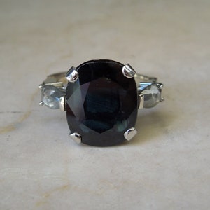 Vintage Mid Century Estate C1960 14K White Gold 8.28 carat Blue Sapphire Solitaire & Grey Diamond Arthritic Engagement Ring 9.03TCW  Sz 6.25