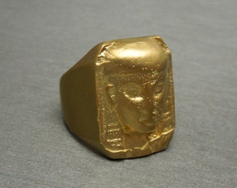 Unisex Vintage Estate Sterling Silver Gold Vermeil Egyptian Head Ring / Gold Egyptian Head / Men's Egyptian Ring  Sz 8.25