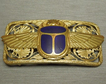 Antique Art Nouveau Estate C1900 Bronze Doré Egyptian Scarab Lapis Blue Enamel Belt Buckle - 1" Belt