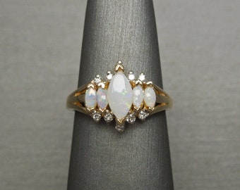 Vintage Estate C1970 14K Gold Marquise Fire Opal & Diamond Pyramid Ring / Opal Pyramid Ring  Sz 6