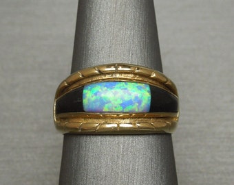 Art Deco Estate 925 Gold Vermeil Mosaic Opal & Onyx Dome Ring / Domed Band Sz 9