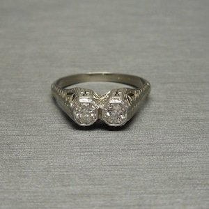 Antique Estate C1910 Platinum Filigree Double European cut Diamond &quot;Toi et Moi&quot; Engagement Ring Sz 6.75