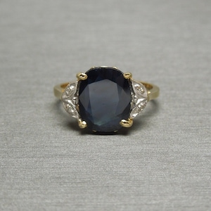 Vintage Estate C1950 14K Gold 3.60 carat Oval Sapphire Solitaire & Diamond Art Deco Ring / Art Deco Sapphire Ring  Sz 6.25