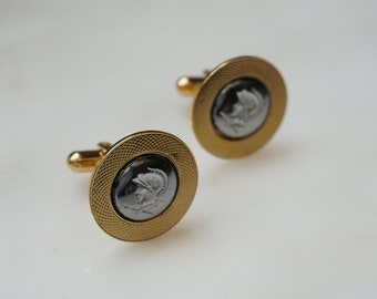 Hematite Intaglio Cuff Links / Men's Mid Century Estate C1960 Gold Filled Hematite Intaglio Roman Warrior Cuff Links / Vintage Cuff Links