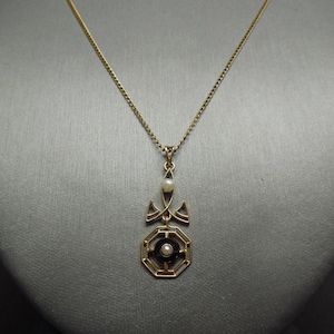 Art Nouveau Estate C1900 10K Gold Seed Pearl & Onyx Lavalier Style Pendant on 18&quot; Chain / Antique Onyx Necklace