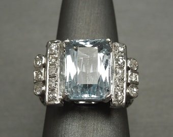 Mid Century Estate C1960 Platinum 6.18 carat French European cut Aquamarine & Diamond 6.80TCW Art Deco Aquamarine Engagement Ring  Sz 7