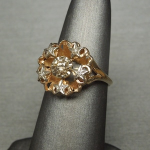 Vintage Estate C1950 10K Gold 0.36TCW Diamond Solitaire & Star Accent Circular Starburst Ring Sz 6.5