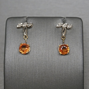 Mid Century Estate C1960 14K Gold 2.31TCW Diamond Top & Orange Sapphire Drop Earrings / Orange Sapphire Ear Pendants  0.75&quot;