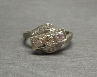 Vintage Estate C1950 14K White Gold 0.82TCW Brilliant Fancy Pink Diamond Three-Stone Anniversary Engagement Ring  Sz 7.25