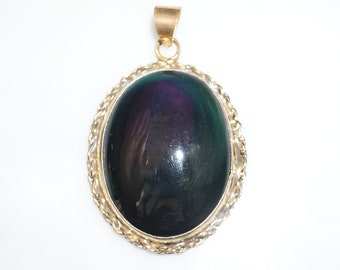 Peacock Agate Pendant / Mid Century Estate C1960 Gold Vermeil Multi-Colored Green, Blue, Purple 'Peacock' Shade Agate Amulet Pendant  2.25"